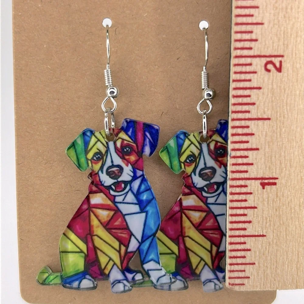 Colorful Dog Dangle Earrings Acrylic 2D Fashion Jewelry - Picture 2 of 4